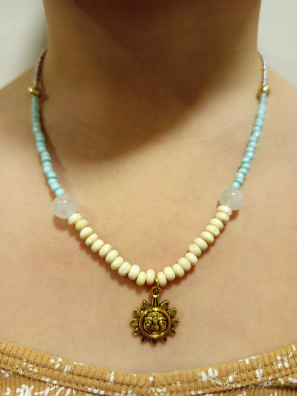 Turquoise Sand Necklace with Sun & Elephant Pendant