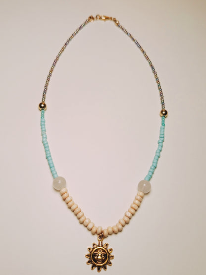 Turquoise Sand Necklace with Sun & Elephant Pendant